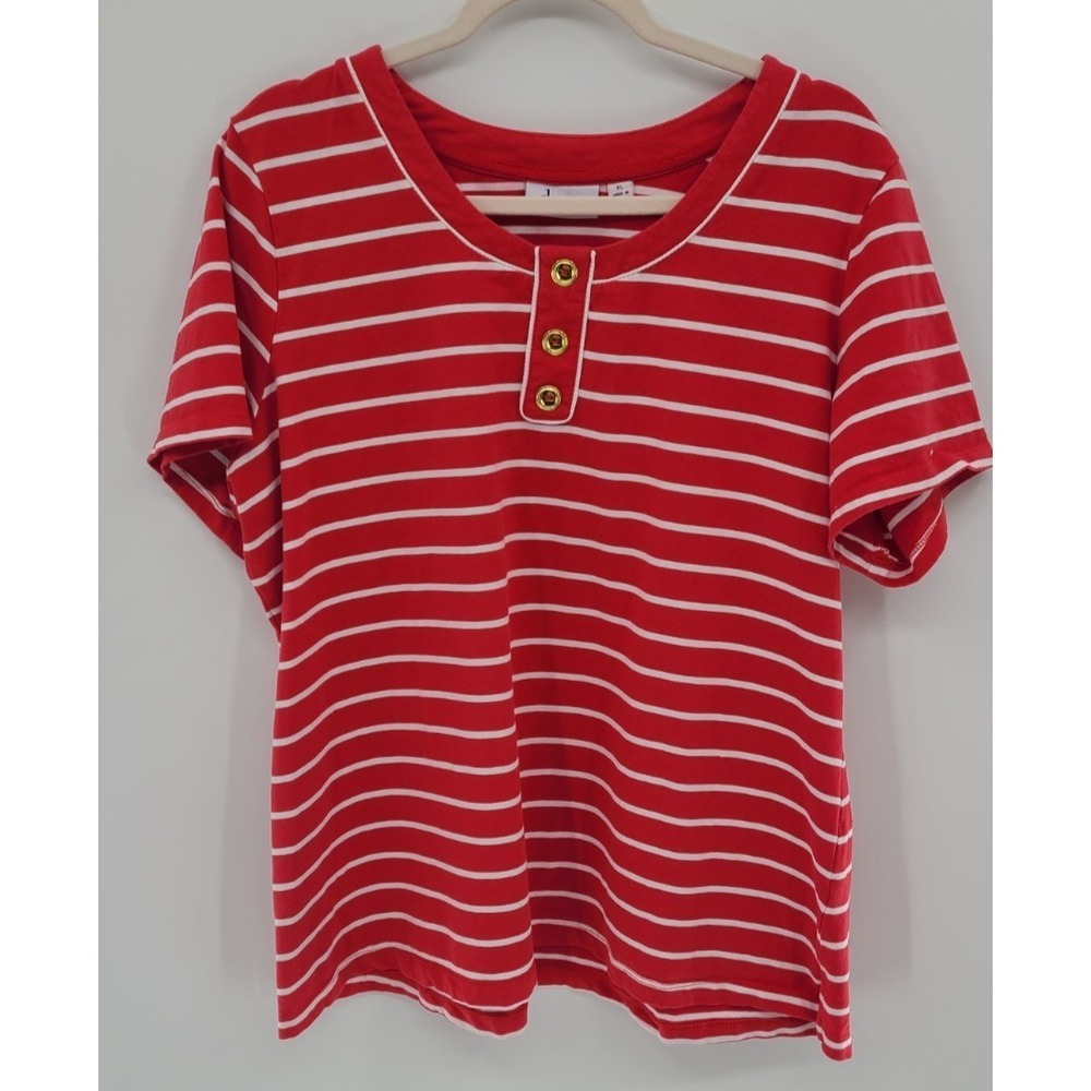 D&Co Striped Red Nautical Short Sleeve Shirt Top Size XL QVC Gold Button Preppy